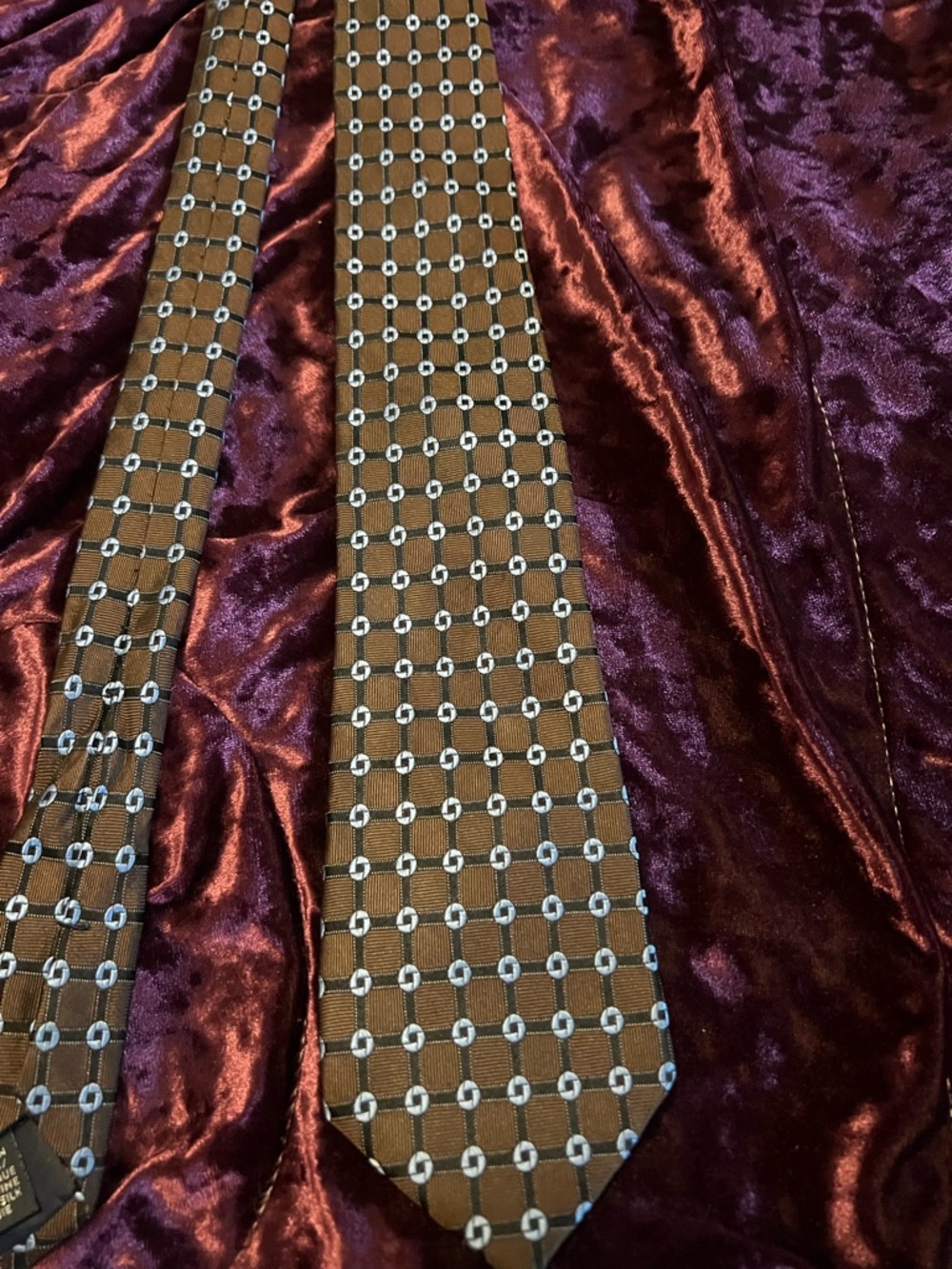 Chase Bank Lands' End Brown Silk Tie with White Geometric Grid